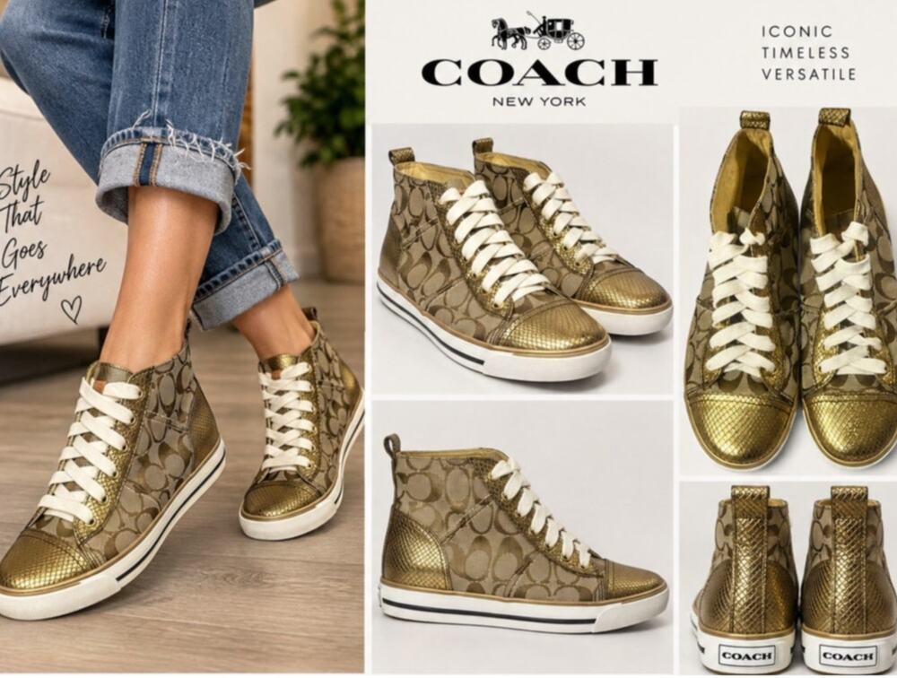 Coach Indiana High Top Gold Metallic Women Size 7.5 Signature Logo Jacquard